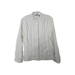 Chico's Platinum White Denim Jacket Sz 2 / L  Pleated Cotton Summer Gorpcore